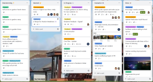Virtual board with 5 columns: Brainstorming, Selected, In Progress, Evaluation, Done Each column contains a variety of cards such as "Self access to garden: french doors" in Brainstorming, "Compile guidance on what to bring for new resident" in In Progress or "Video playlists per resident" in Evaluation
