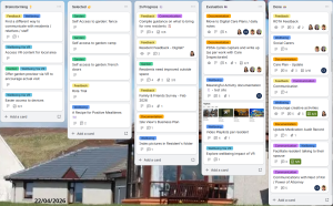 A virtual board with 5 columns: Brainstorming, Selected, In Progress, Reviewing and Done. Each column has a variety of cards, like "Self access to garden: french doors" in Selected or "Digital Care Plans" in Reviewing.